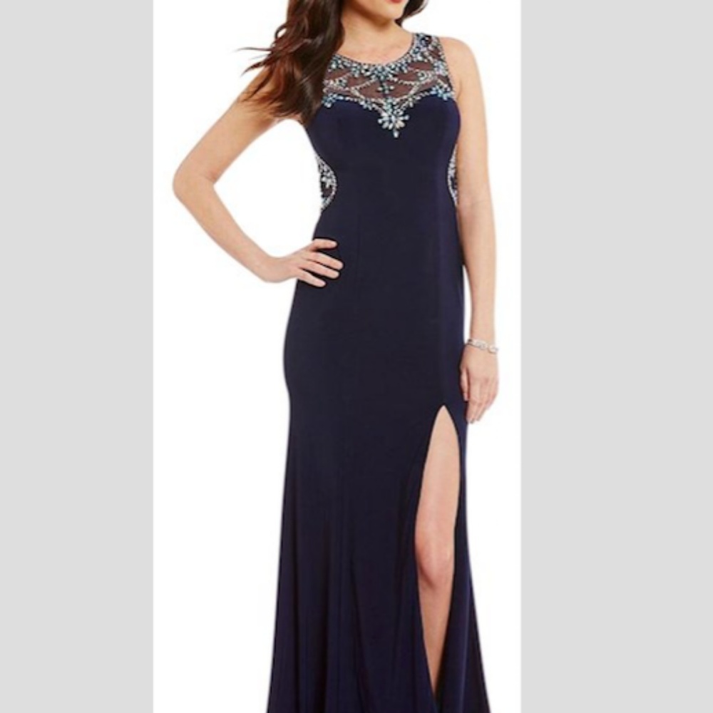 Navy Blue and Teal Sweetheart Beaded Prom Gown